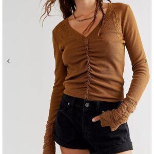 Free People Wear Me Out Ruched Mesh Long Sleeve Textured Top size M